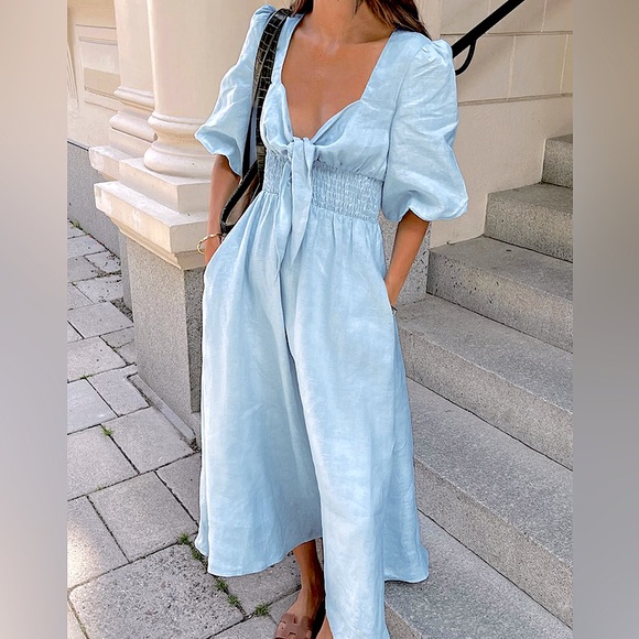 🔥 NWT Commense Linen Cotton Front Tie Midi Dress Medium - Picture 1 of 6